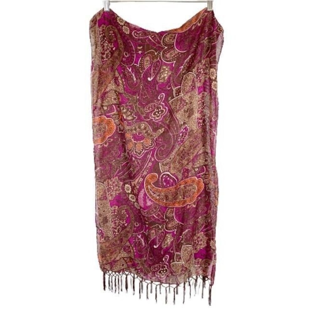 Boho Purple Brown Paisley Rectangle Scarf Wrap Hand Knotted Fringe Fall Colors
